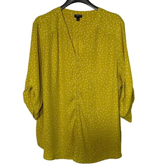 Torrid Polka Dot Button Front Blouse Roll Tab Sleeves Yellow Chartreuse Sz 3X - Picture 1 of 8